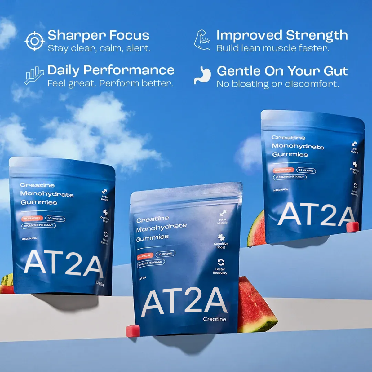 AT2A pouches with key benefits — focus, strength, performance