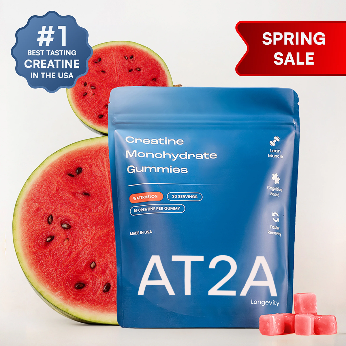 AT2A creatine monohydrate gummies — watermelon flavor